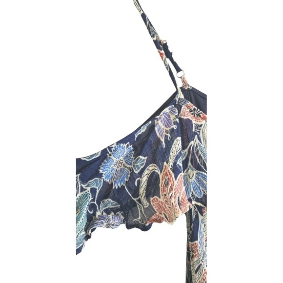Maeve Anthropologie Top Women 2 Blue Cold Shoulder Sheer Ruffle Floral Mettalic - Picture 2 of 10